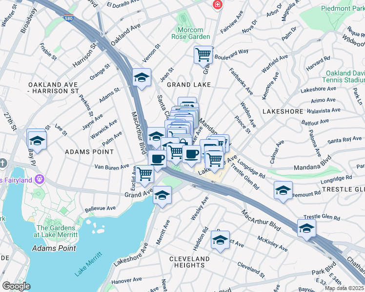 map of restaurants, bars, coffee shops, grocery stores, and more near 3242 Grand Avenue in Oakland