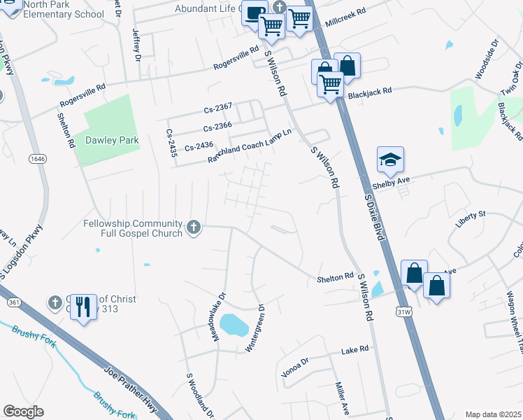 map of restaurants, bars, coffee shops, grocery stores, and more near 104 Hurstfield Drive in Radcliff