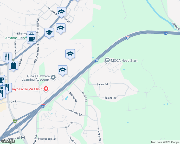 map of restaurants, bars, coffee shops, grocery stores, and more near 20165 Salina Road in Waynesville