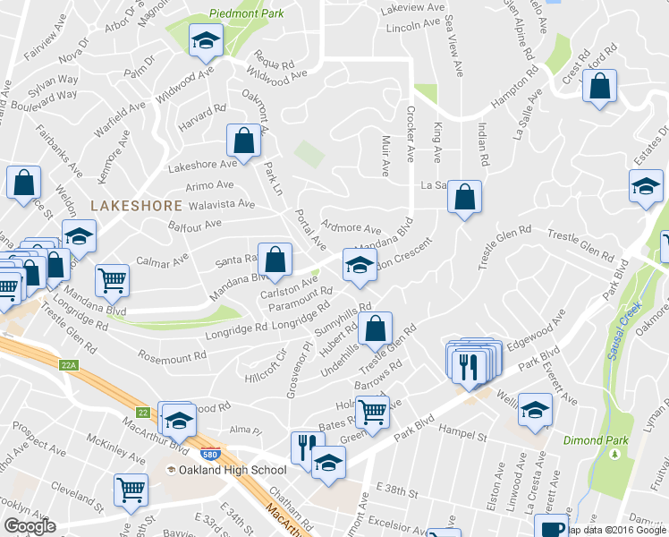 map of restaurants, bars, coffee shops, grocery stores, and more near 18 Mandana Cir in Oakland