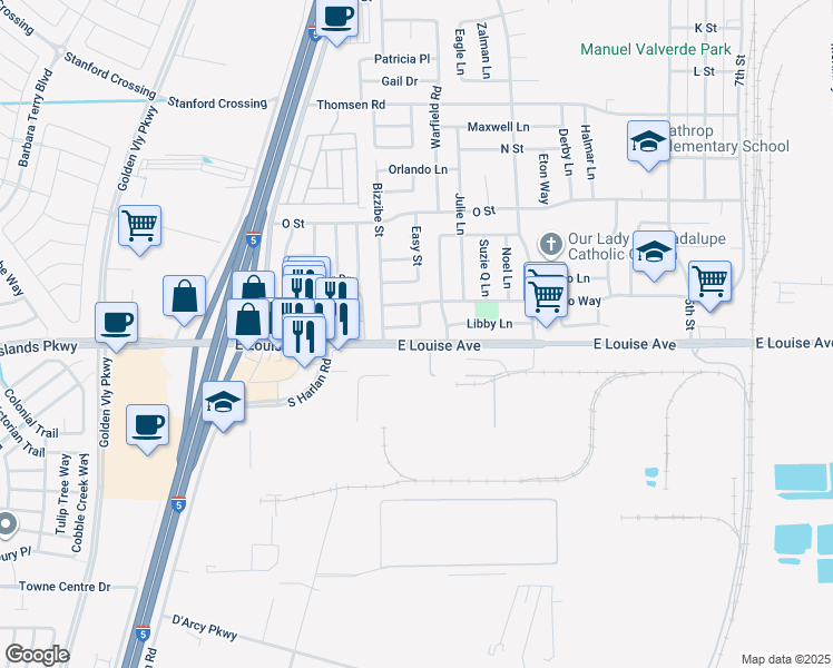 map of restaurants, bars, coffee shops, grocery stores, and more near 458 Aztec Lane in Lathrop