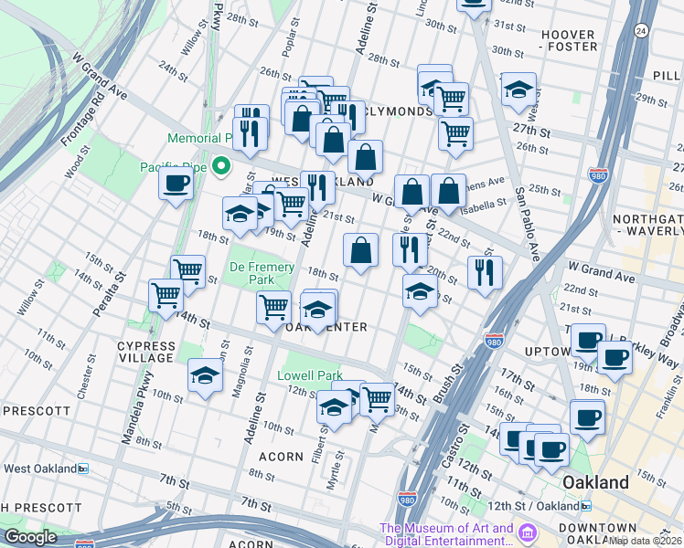 map of restaurants, bars, coffee shops, grocery stores, and more near 1801 Linden Street in Oakland
