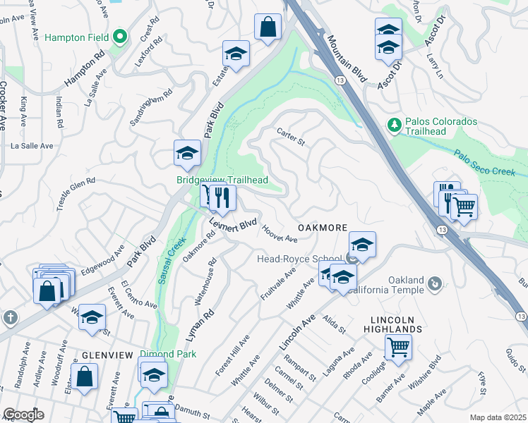map of restaurants, bars, coffee shops, grocery stores, and more near 1727 Leimert Boulevard in Oakland