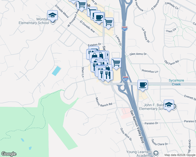 map of restaurants, bars, coffee shops, grocery stores, and more near 151 Remington Drive in Danville