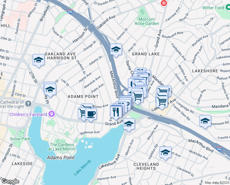 map of restaurants, bars, coffee shops, grocery stores, and more near 372 Euclid Avenue in Oakland