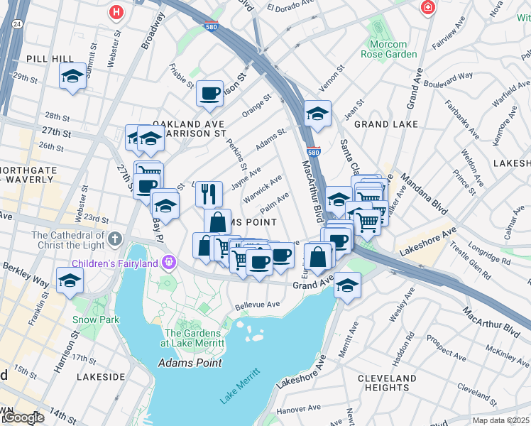 map of restaurants, bars, coffee shops, grocery stores, and more near 339 Palm Avenue in Oakland