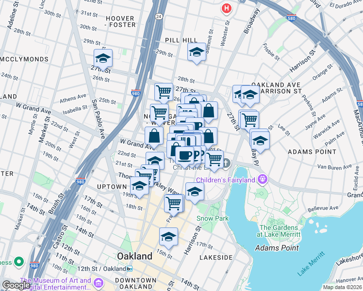 map of restaurants, bars, coffee shops, grocery stores, and more near 2295 Broadway in Oakland
