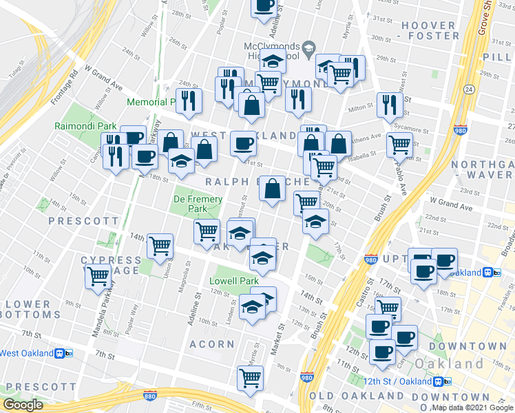 map of restaurants, bars, coffee shops, grocery stores, and more near 1805 Linden Street in Oakland