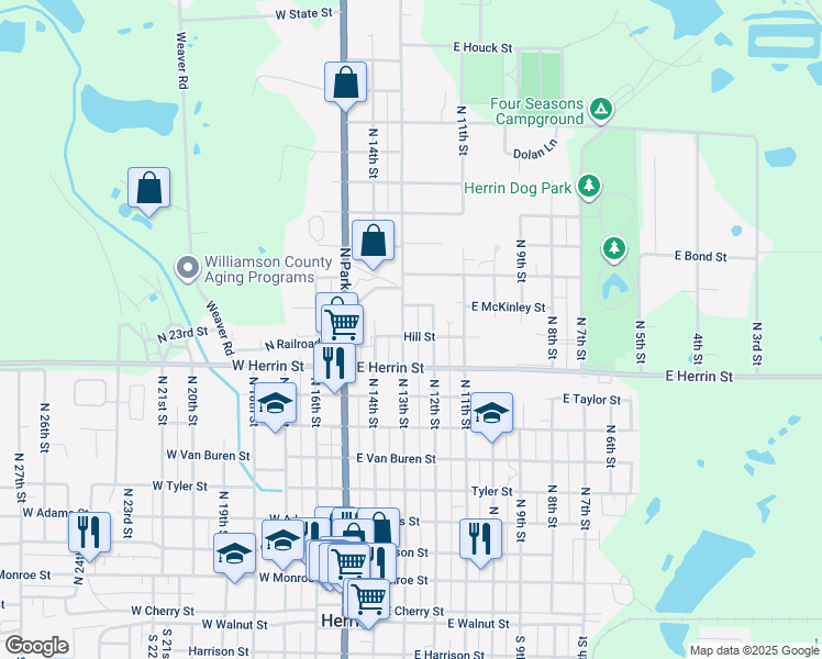 map of restaurants, bars, coffee shops, grocery stores, and more near Hill Street in Herrin