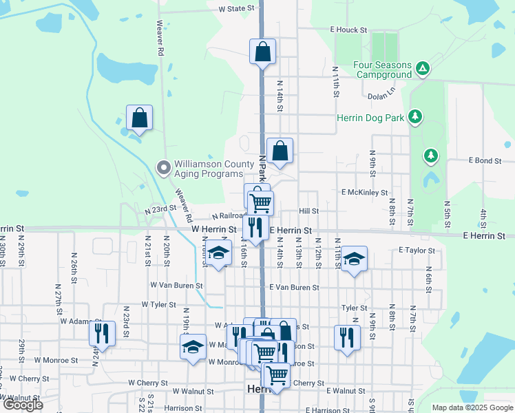 map of restaurants, bars, coffee shops, grocery stores, and more near 1017 North Park Avenue in Herrin