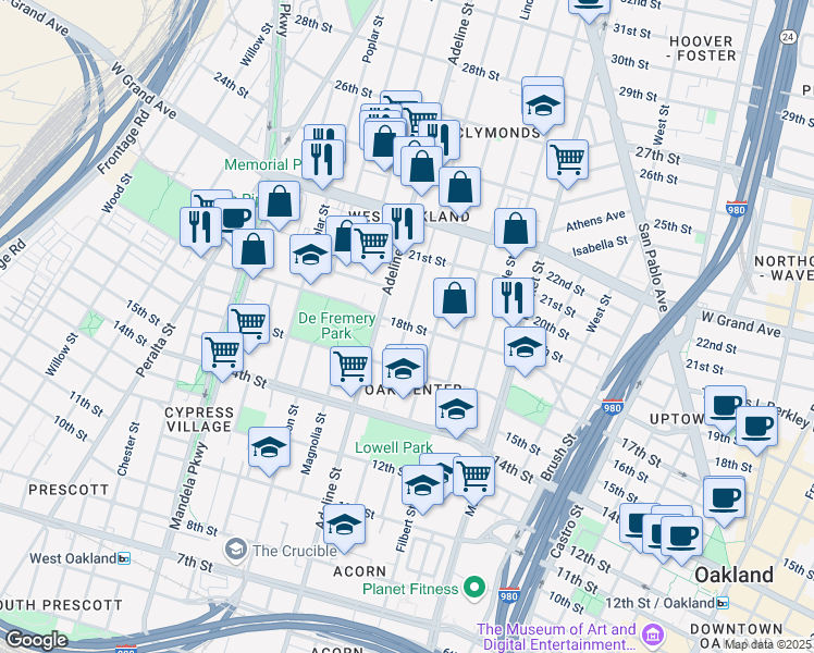 map of restaurants, bars, coffee shops, grocery stores, and more near Chestnut Street in Oakland