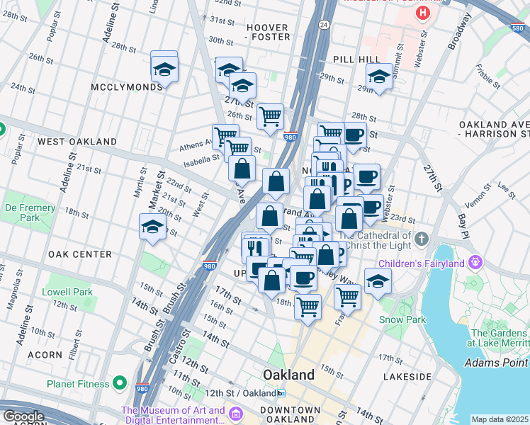 map of restaurants, bars, coffee shops, grocery stores, and more near 2126 Martin Luther King Junior Way in Oakland