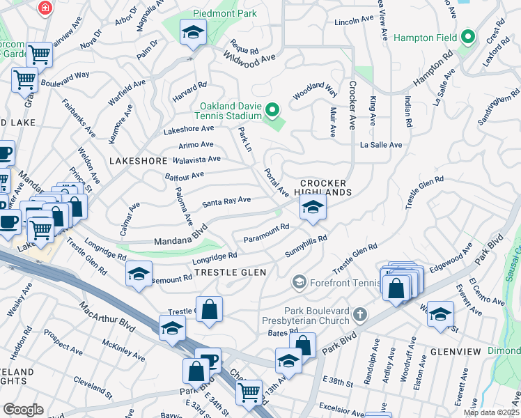 map of restaurants, bars, coffee shops, grocery stores, and more near 846 Mandana Boulevard in Oakland