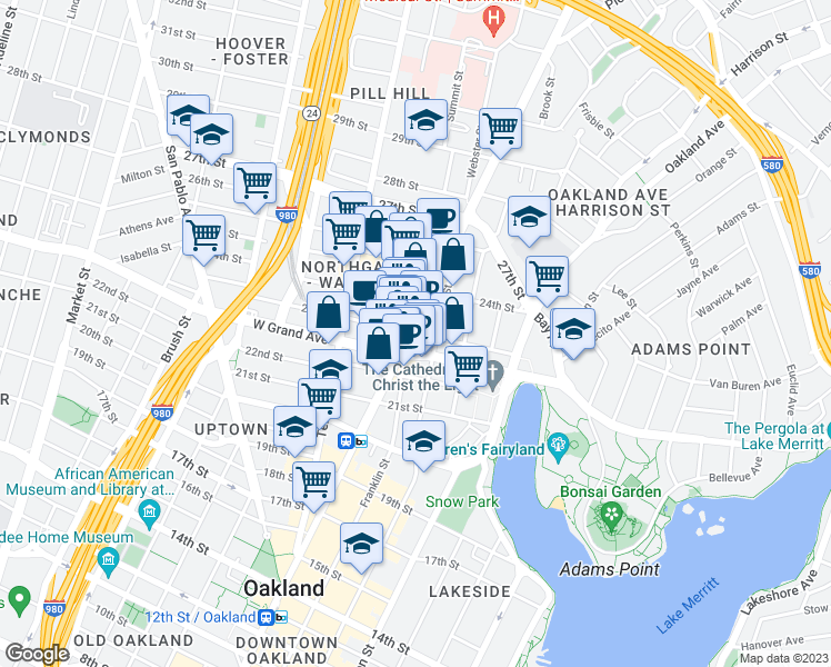 map of restaurants, bars, coffee shops, grocery stores, and more near 381 23rd Street in Oakland