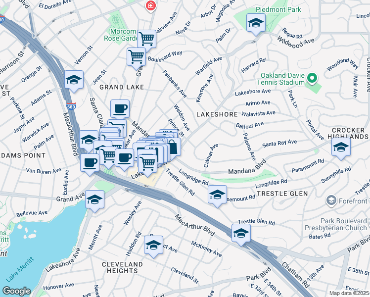 map of restaurants, bars, coffee shops, grocery stores, and more near 3540 Lakeshore Avenue in Oakland