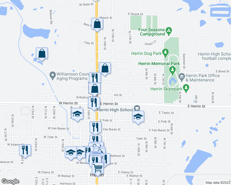 map of restaurants, bars, coffee shops, grocery stores, and more near 1004 North 13th Street in Herrin