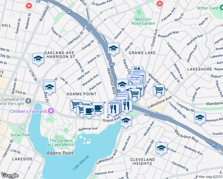 map of restaurants, bars, coffee shops, grocery stores, and more near 383 MacArthur Boulevard in Oakland