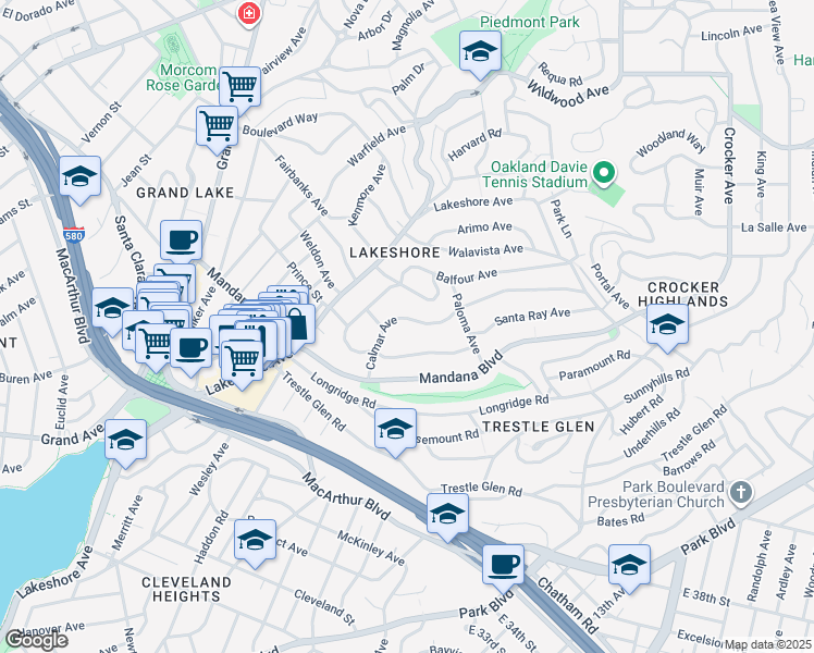 map of restaurants, bars, coffee shops, grocery stores, and more near 697 Calmar Avenue in Oakland