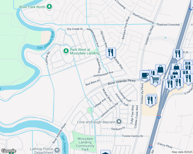 map of restaurants, bars, coffee shops, grocery stores, and more near 706 Homestead Avenue in Lathrop