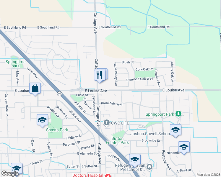 map of restaurants, bars, coffee shops, grocery stores, and more near 1383 East Louise Avenue in Manteca