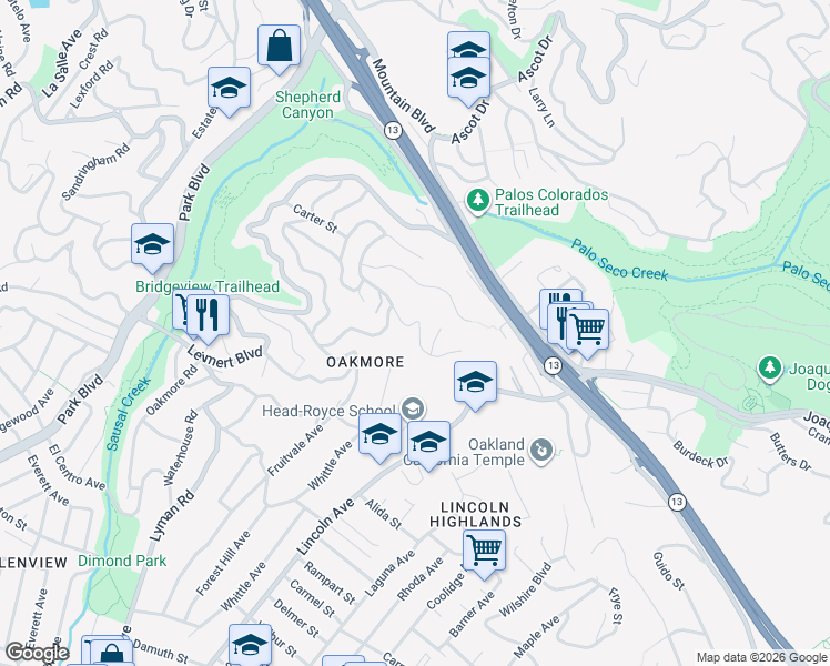 map of restaurants, bars, coffee shops, grocery stores, and more near 11 Melvin Court in Oakland