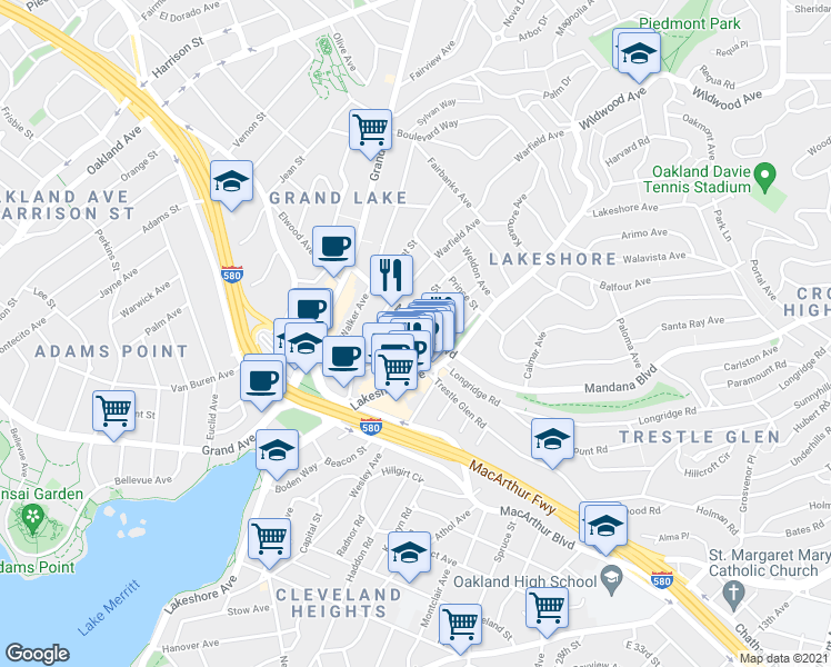 map of restaurants, bars, coffee shops, grocery stores, and more near 550 Glen View Avenue in Oakland