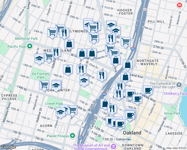 map of restaurants, bars, coffee shops, grocery stores, and more near 857 20th Street in Oakland