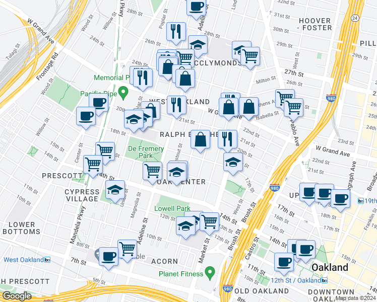map of restaurants, bars, coffee shops, grocery stores, and more near 1805 Linden Street in Oakland