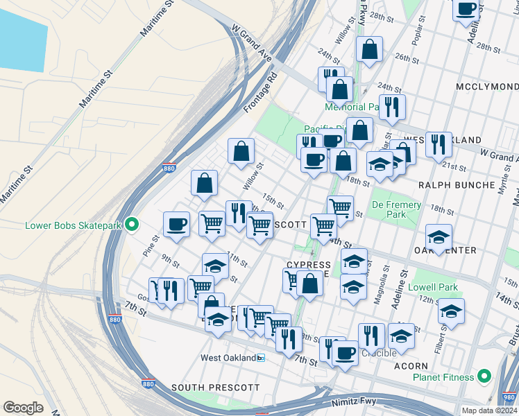 map of restaurants, bars, coffee shops, grocery stores, and more near 1644 14th Street in Oakland