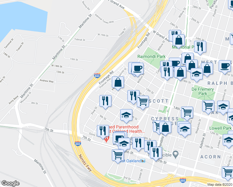 map of restaurants, bars, coffee shops, grocery stores, and more near in Oakland