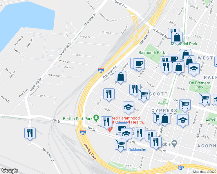 map of restaurants, bars, coffee shops, grocery stores, and more near 1111 Pine Street in Oakland