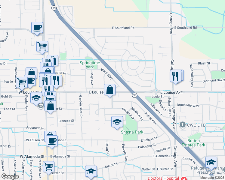 map of restaurants, bars, coffee shops, grocery stores, and more near 652 Swallow Drive in Manteca