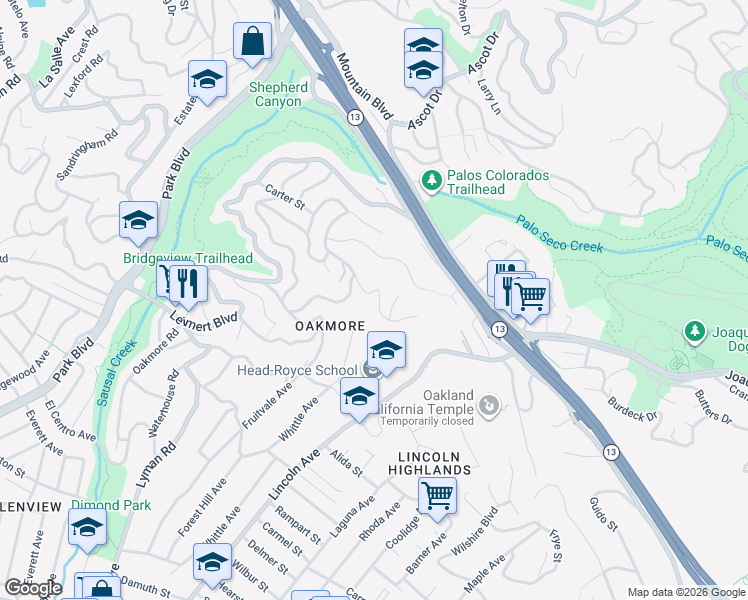 map of restaurants, bars, coffee shops, grocery stores, and more near 11 Melvin Court in Oakland
