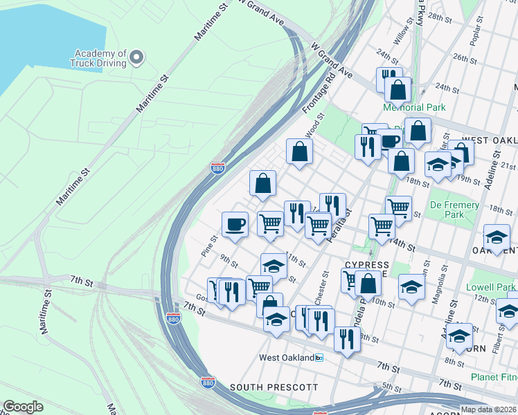 map of restaurants, bars, coffee shops, grocery stores, and more near 1211 Wood Street in Oakland