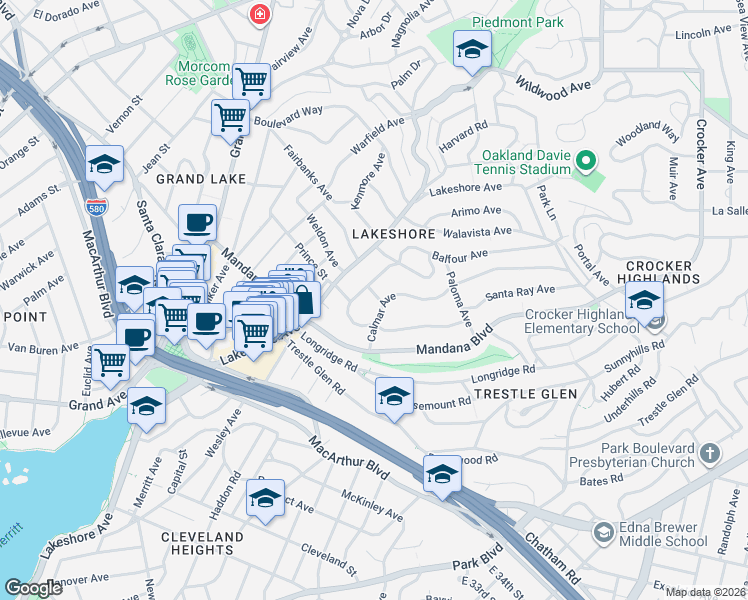 map of restaurants, bars, coffee shops, grocery stores, and more near 662 Calmar Avenue in Oakland