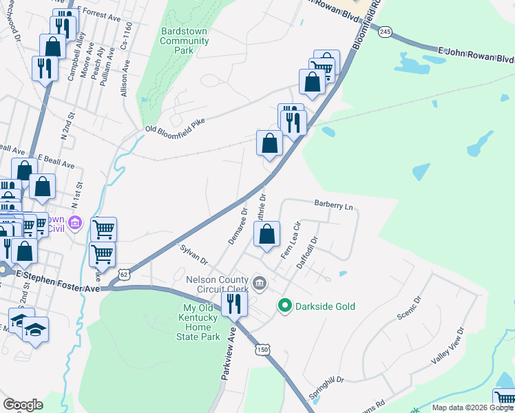 map of restaurants, bars, coffee shops, grocery stores, and more near 249 Guthrie Drive in Bardstown