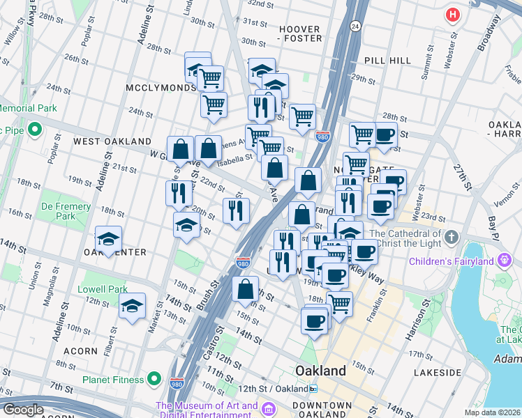map of restaurants, bars, coffee shops, grocery stores, and more near 756 21st Street in Oakland