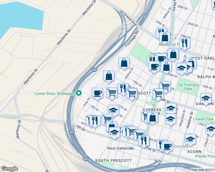 map of restaurants, bars, coffee shops, grocery stores, and more near 1211 Wood Street in Oakland