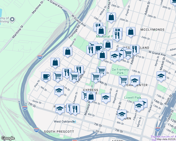 map of restaurants, bars, coffee shops, grocery stores, and more near in Oakland