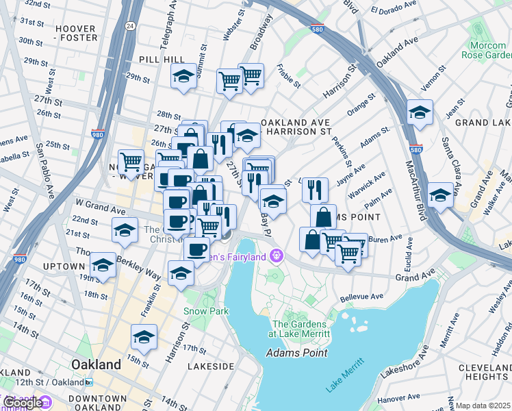 map of restaurants, bars, coffee shops, grocery stores, and more near 100 Bay Place in Oakland