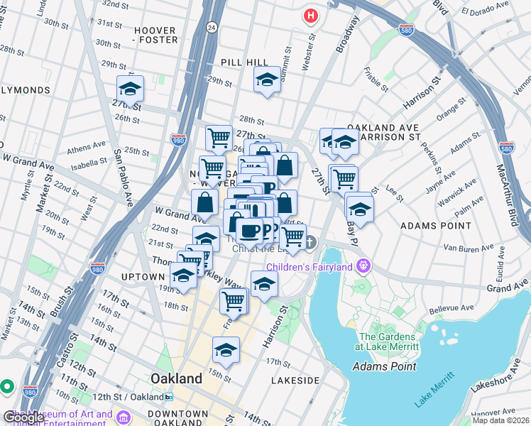 map of restaurants, bars, coffee shops, grocery stores, and more near 2300 Broadway in Oakland