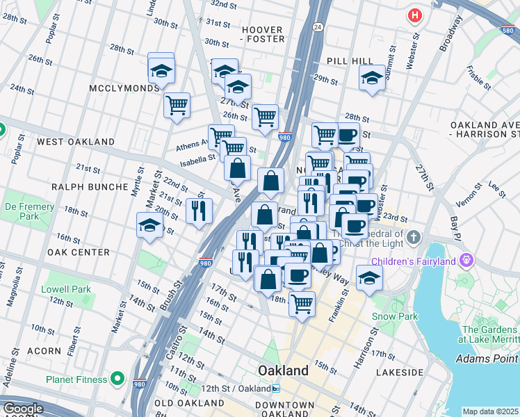map of restaurants, bars, coffee shops, grocery stores, and more near 2126 Martin Luther King Junior Way in Oakland