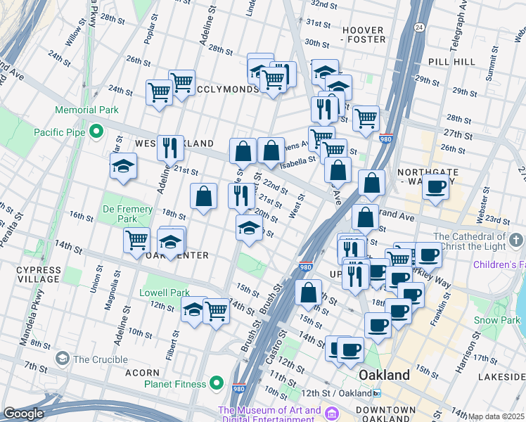 map of restaurants, bars, coffee shops, grocery stores, and more near 857 20th Street in Oakland