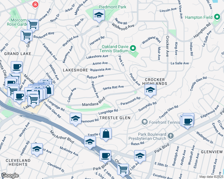 map of restaurants, bars, coffee shops, grocery stores, and more near 799 Santa Ray Avenue in Oakland