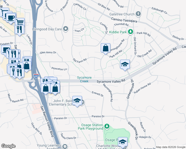 map of restaurants, bars, coffee shops, grocery stores, and more near 554 Freitas Road in Danville