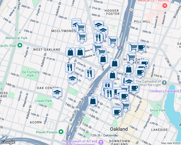 map of restaurants, bars, coffee shops, grocery stores, and more near in Oakland