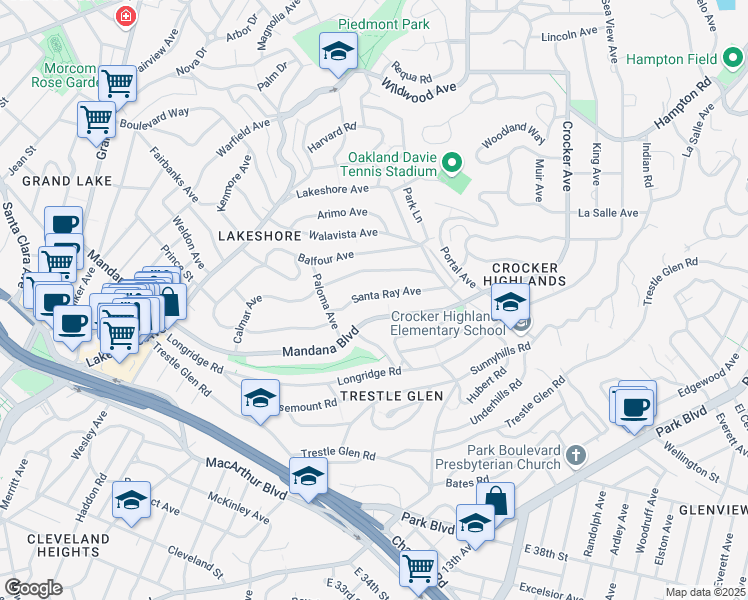 map of restaurants, bars, coffee shops, grocery stores, and more near 791 Santa Ray Avenue in Oakland