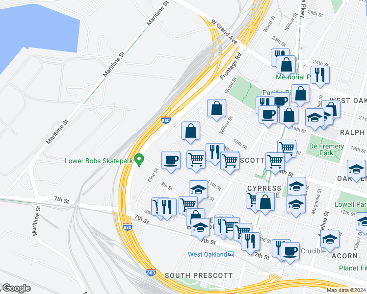 map of restaurants, bars, coffee shops, grocery stores, and more near 1768 12th Street in Oakland