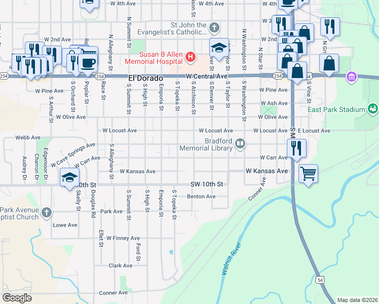 map of restaurants, bars, coffee shops, grocery stores, and more near 630 West Carr Avenue in El Dorado