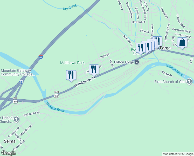 map of restaurants, bars, coffee shops, grocery stores, and more near 301 U.S. 60 Business in Clifton Forge